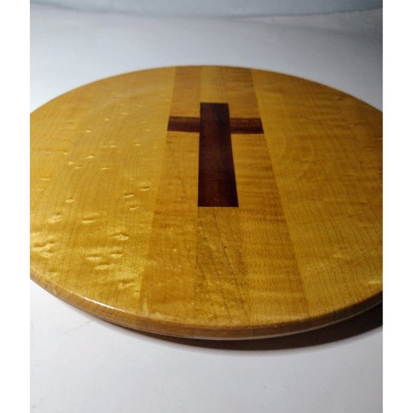 Handmade Wood Turned Cross Trivet 9in Round Felt Bottom Vintage Signed Religious - Picture 3 of 5